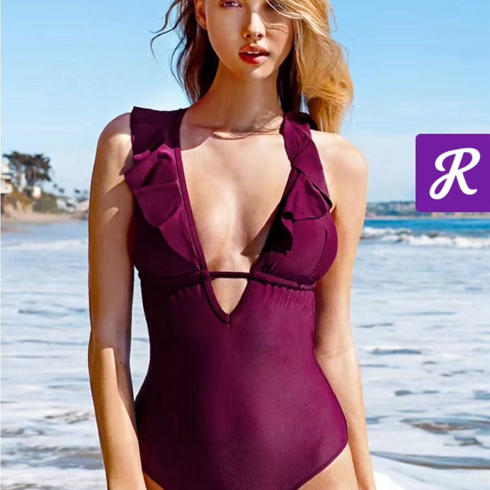 Plum Ruffled V-Neck One-Piece Swimsuit - M